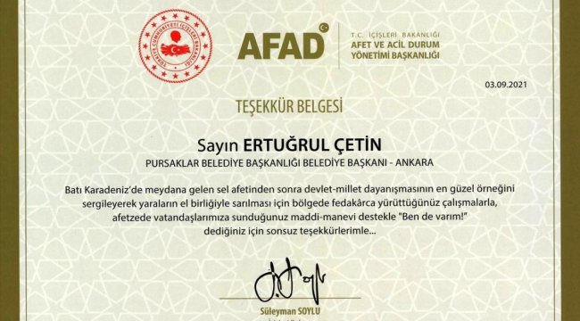 Bakan Süleyman Soylu'dan, Başkan Ertuğrul Çetin'e teşekkür belgesi
