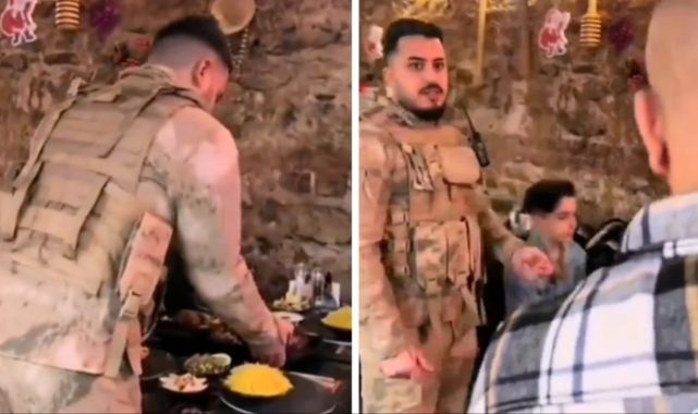 Lüks restoranda garsona asker üniforması giydirip servis yaptırdılar
